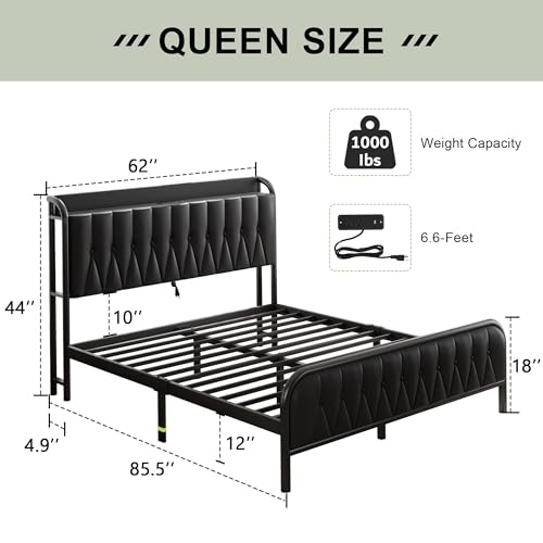 Image of Queen Bed Frame with Fast Charging Station, Leather Queen Size Metal Platform Beds with Upholstered Headboard & Footboard,12 inch Underbed Storage Space,Easy Assembly,Noise-Free,Black