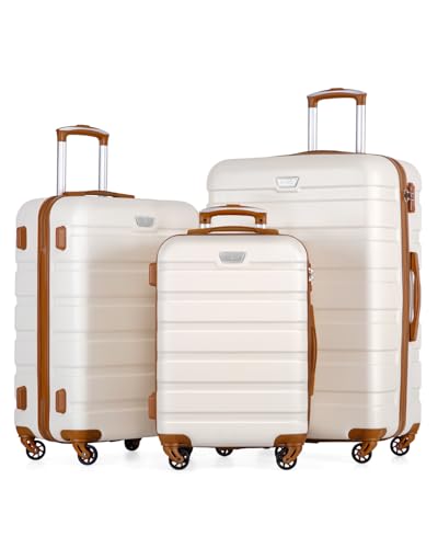 Coolife Luggage 3 Piece Set Suitcase Spinner Hardshell Lightweight TSA Lock (apricot white, 3 piece...