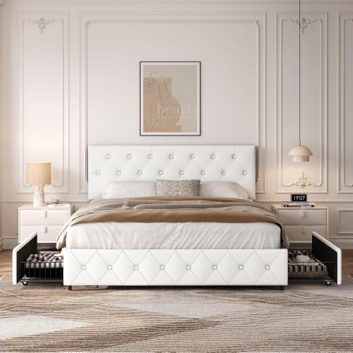 Yaheetech Lit Double rembourré avec tiroirs et Rangement avec Supports à Lattes en Bois, tête de lit réglable en Hauteur avec Rivets à Point de Tension Blanc (160 x 200 cm)
