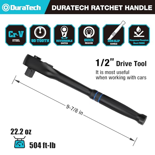 Image of DURATECH 1 /2-Inch Drive Ratchet, 90-Tooth Quick-Release Ratchet Wrench, Reversible, Cr-V Made, 4 Swing, Manganese Phosphate Black Finish, Gifts for Men Gifts for Women