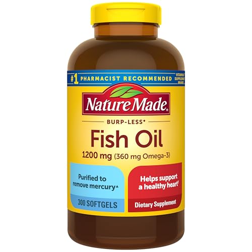 Nature Made Burp Less Fish Oil Omega 3 Supplements 1200 mg Softgels Omega 3 Fish Oil for Healthy Heart Support 300 Softgels 150 Day Supply
