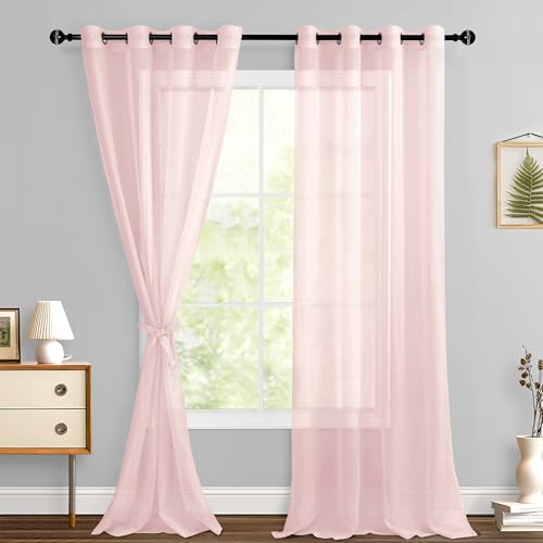 Hiasan Sheer Curtains 96 Inches Long with Tiebacks, Blush Pink, 2 Panels