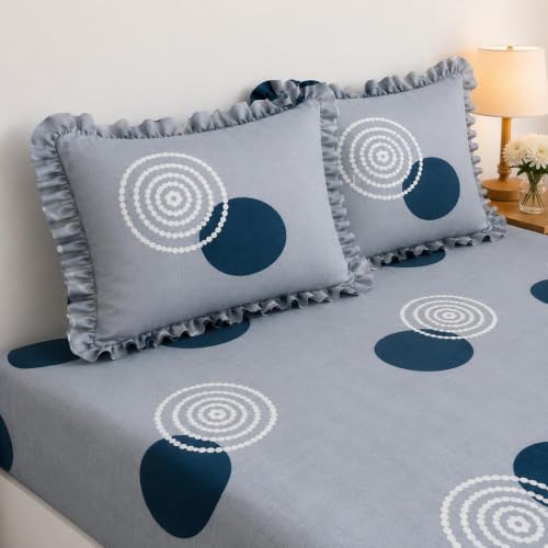 Image of King Size Fitted Bedsheet for Double Bed | 300 TC Cotton Feel Microfiber | All Around Elastic with 2 Frill Pillow Covers | Soft & Durable | (GrayGolaFrill, Fitted - 72 x 78 Inch King)
