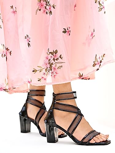 Image of Shoetopia Patent Multi Cross Strap Block Heeled Sandals for Women & Girls