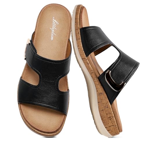 Littleplum Womens Sandals Arch Support Slides – Comfortable Flat Sandals for Women, Summer Breathable Flip-flops Walking Shoes for Beach,Travel Black Size 8.5