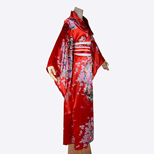 Wraith of East Kimono Costume Adult Japanese Geisha Yukata Floral Patten Gown Blossom Bathrobe Sleepwear With Obi Belt, 30-long Wine Red, L