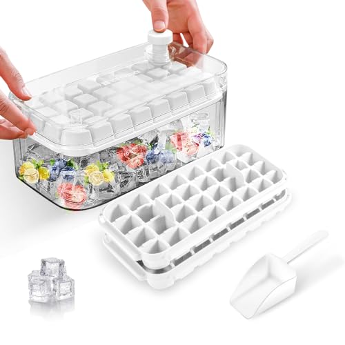 Cubiteras Para Hielo, Moldes Hielo,Bandeja Hhielo,Cubitera de Grado Alimenticio, Liberación de Todos Los Cubitos de Hielo en un Segundo, Molde Hielo Reutilizable Para 64 Ice Cube Tray （blanco）