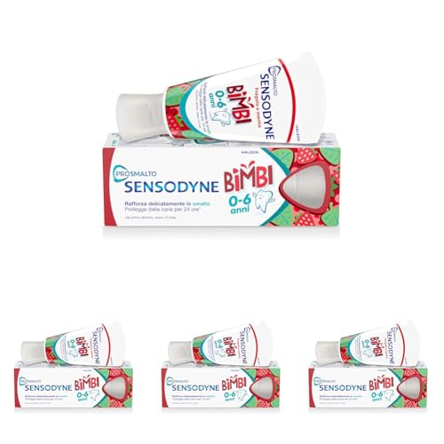 Sensodyne Prosmalto Bimbi, Dentifricio quotidiano per Bambini 0-6 anni, rafforza delicatamente lo smalto e protegge dalla carie per 24 ore, Aroma Naturale Fragola e Menta, 50 ml (Confezione da 4)