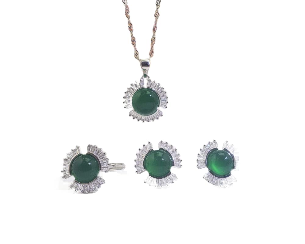 Ensemble bijoux argent 925 avec calcédoine verte pour femme élégante