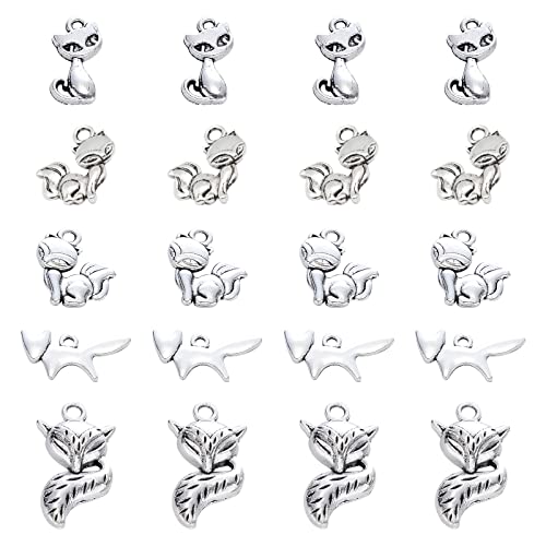 Beebeecraft 1 Box 100Pcs 5 Style Silver Fox Charms Tibetan Silver Metal Animal Jewelry Making Pendants Bulk for Bracelet Necklace Pendant