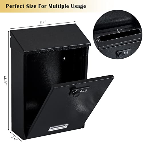 Xydled Mail Boxes With Combination Lock,Locking Mailbox Wall Mounted,Large Capacity,Steel Cover Metal Postbox For House, 12.4×8.5×3 Inch, Black #TOP1