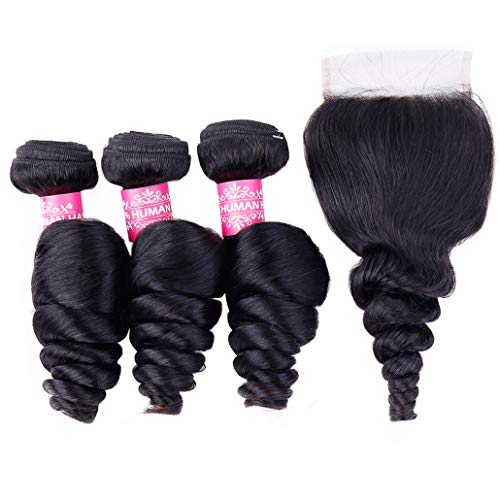 Mink Hair Closure with Loose Wave 3 Bundles 24 26 28+20 4x4 Closure 8A Grade Peruvian Virgin Human Hair Weave Extensions with Free Part 4x4 Closure Natural Color