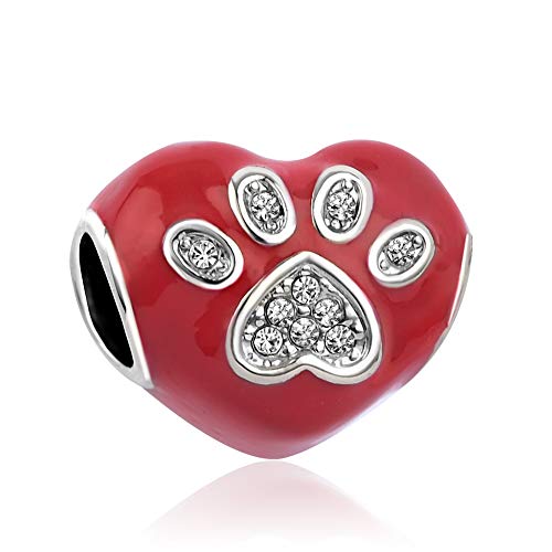 SBI Jewelry Abalorio de corazón rojo para pulseras, colgante de latido de corazón de perro, compatible con pulseras Pandora, aniversario, cumpleaños, día de la madre, Cuero Metal Zirconia cúbica