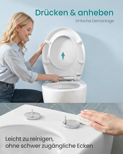 SONGMICS Toilettendeckel O-Form, WC-Sitz mit Absenkautomatik, Griff, Toilettensitz schnell abnehmbar, Klodeckel einfache Montage, WC-Deckel Urea-Duroplast, bis 300 kg belastbar, weiß BTL101WZ01