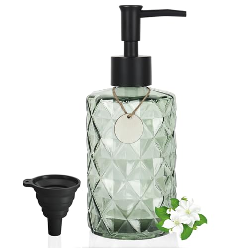 GKSCXEXE Distributeur de savon vert - 330 ml - Distributeur de savon à main en verre pour salle de bain - Distributeur à pompe avec étiquettes en bois - Entonnoir noir - Pompe en plastique pour gel