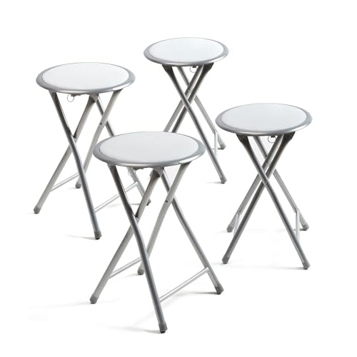 THE SECRET HOME - Set de 1 y 2 Taburetes Plegables de Aluminio - Silla de Metal con Asiento Acolchado - Ideal para Cocina, Terraza, Cámping, Oficina - Diámetro 30 x Alto 45 cm - Blanco