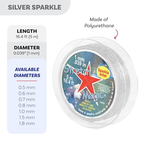 Image of Stretch Magic Elastic Beading Cord - Silver Sparkle Color, 1mm in Diameter, 5-Meter (16.4 ft) - Easy to Knot, Strong & Stretchy String for Making Beaded Jewelry