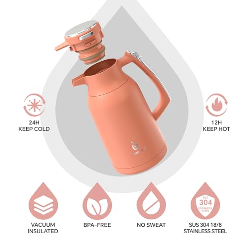Image of IDEUS Thermal Coffee Carafe, Stainless Steel Double Wall Insulated Vacuum Flask, Water Jug Coffee Server and Beverage Dispenser, Heat and Cold Retention (Coral, 68, Fluid Ounces)