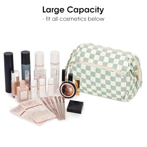 Narwey Large Makeup Bag Wide-Open Zipper Pouch Travel Wash Bag Toiletry Bag Cosmetic Organizer for Women (Mint Green Checkerboard) - Image 3