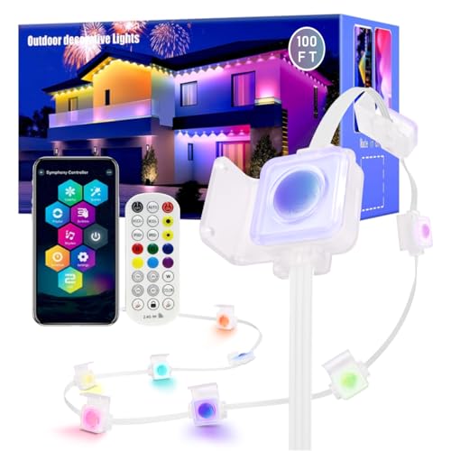Image of Permanent Outdoor Lights, 100FT RGB LED Smart Eaves Lights with 60 LEDs, IP67 Waterproof, Remote /APP Control, DIY Scene Modes, Music Sync Lighting for Party, House, All Holiday Decorations