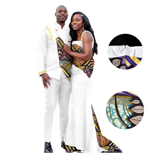 African Couple Outfits Matching Set for Wedding Women's Slim Tail Dress and Men's Embroidered Formal Suit(A,Men-XXX-Large)3