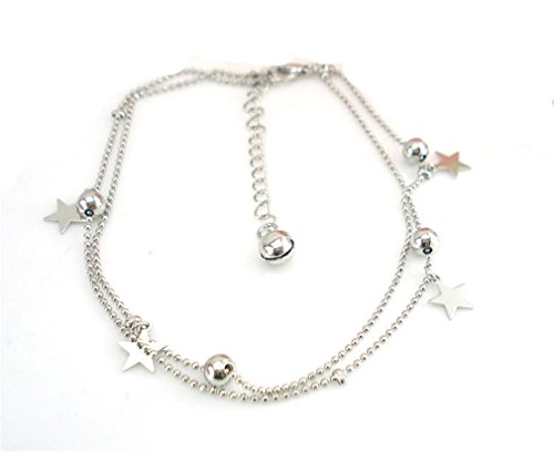 Boowhol Tobillera de plata de ley 925 para mujer, cadena doble, pulsera, pie, perlas decorativas, estrellas Cover