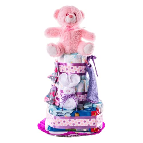 Flores AVRIL-Tarta pañales niña - Pastel de pañales - Regalo para bebé recién nacido-Contiene 30 pañales marca DODOT, Peluche, Calcetín, Toalla facial, Toallas DODOT