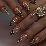 TBRZTR Gold French Tip Press on Nails Medium Almond Shaped 3D Irregular False Nail with Stars Design Rhinestones Acrylic Fingernails Full Cover Coffin Reusable Glue on Nails for Women 24Pcs