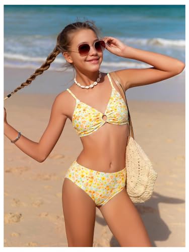 Image of OYOANGLE Girl's 3 Piece Bikini Sets Floral Print Spaghetti Straps Cute Swimsuits with Beach Skirt Bathing Suits