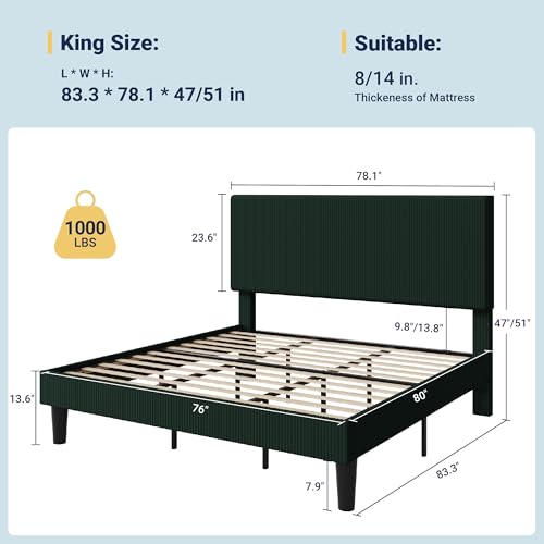 Image of Allewie King Bed Frame, Corduroy Tufted Headboard, Dark Green | Soft Corduroy Fabric, Adjustable Headboard, 1000 lb Capacity, Wooden Slats, No Box Spring Needed, Easy Assembly