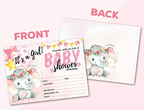 Deluxe Pink Elephant Baby Shower Invitations, Jungle, Tropical Safari Animals, Its A Girl Party Invites, 20 Large Double Sided 5 X 7" Flat Fill In Cards With Pink Envelopes #TOP1