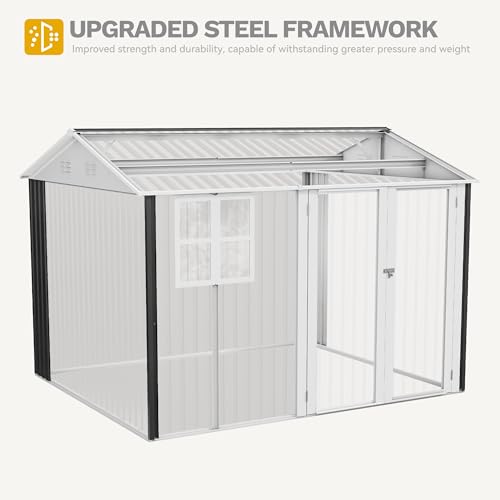 Image of DWVO 10x8ft Large Tool Storage Shed with Window, Lockable Doors, and Sloped Roof, Oversized Steel Outdoor Storage Shed for Garden, Patio, Garage, Backyard, Lawn - Gray & White