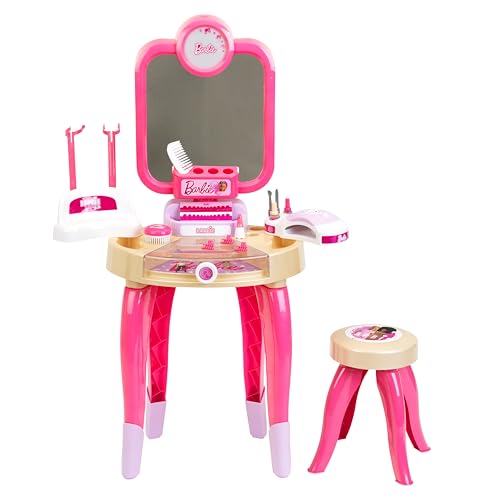 Theo Klein 5721 Salón de belleza Happy Vibes de Barbie y Salón de belleza con espejo giratorio y luz, Tocador con accesorios, Juguete para niños a partir de 3 años