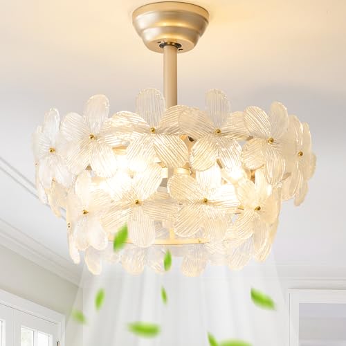 YMKSKJ 20 Gold Crystal Fandelier Ceiling Fans with Lights Gold Flower Chandelier Ceiling Fan with Light Remote Control Morden Caged with 6 Speeds for Bedroom Nursery Living Room(Clear)