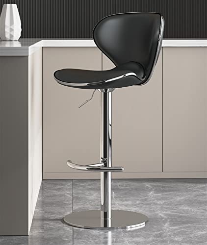 Juego de 2 taburetes de bar giratorios, silla de desayuno, respaldo ergonómico, taburetes de bar de altura ajustable, cuero napa, acero inoxidable cromado, silla de isla de cocina pesada para