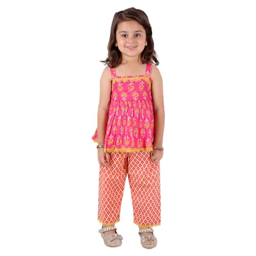 Baby Girl's Sanganeri Printed Sleeveless Cotton Top With Straight Pant Dress Clothing Set