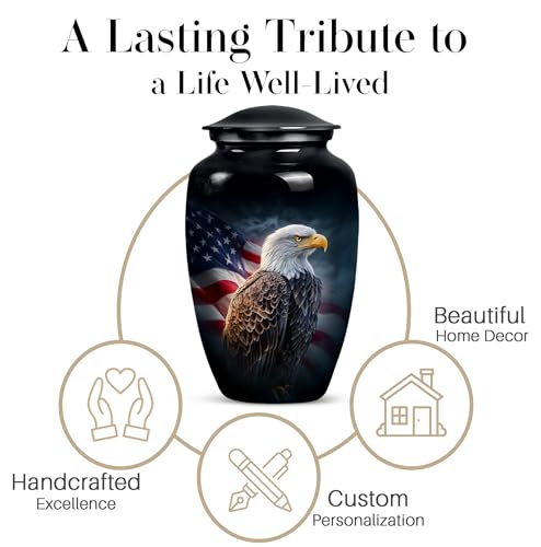 Image of American Flag Eagle Urn for Ashes Adult Male, Patriotic Funeral Urns for Human Ashes Adult Female, Black Military Urn for Ash Mom & Dad (Large, 10 Inch)