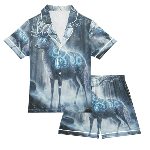 ALAZA White Deer Tree Leaf Satin Pajamas Set Short Sleeve Button Down Sleepwear Summer Pjs 2 Piece