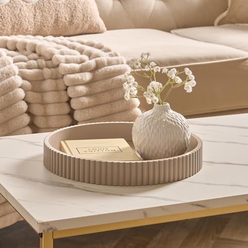 OHS Decorative Round Tray Ribbed Coffee Table Tray Modern Bathroom Vanity Trays for Dresser Jewellery Toilet Tank Bedroom Kitchen Countertop Candle Holder Storage Organiser Natural