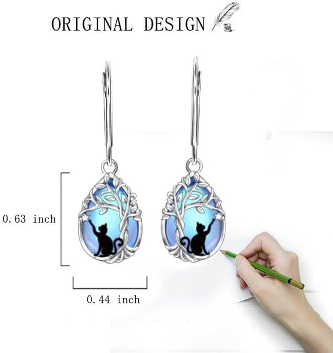 Cat Gifts for Women Moonstone Black Cat Earrings for Women Sterling Silver Filigree Tree of Life Dangle Drop Jewelry Leverback Christmas Halloween Gifts - Image 6