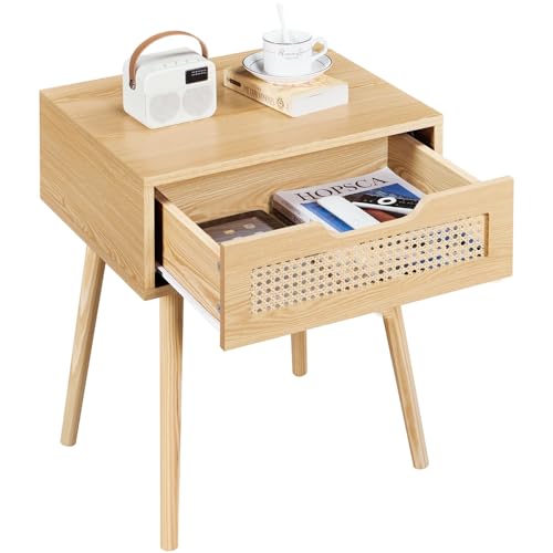 Yaheetech Set 2 Comodini Camera da Letto Comodino con Cassetto in Rattan Gambe in Legno Mobiletto Organizzatore da Letto Tavolini d'Appoggio 48,3 x 40,7 x 57,7 cm
