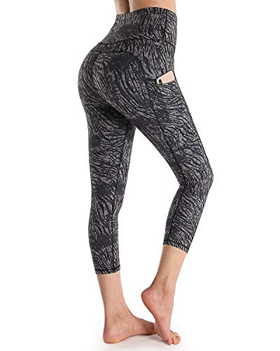 OUGES Womens High Waist Pockets Yoga Pants Running Workout Print Capris Leggings