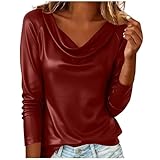 JOAU Women's Faux Leather Draped Cowl Neck Ruched Long Sleeve Tops Dressy Casual Fashion Going Out Shirt Work Business Blouse Red