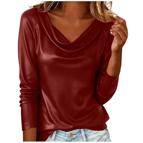JOAU Women's Faux Leather Draped Cowl Neck Ruched Long Sleeve Tops Dressy Casual Fashion Going Out Shirt Work Business Blouse Red