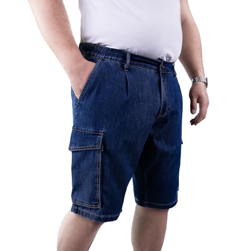 Men’s Cargo Denim Shorts – Dark Blue Wash – Relaxed Fit – Knee Length – Single Welt Back Pockets, Extra Zipper Pocket, Belt Loops & Elastic Waistband (US, Waist, 36, Dark Blue)