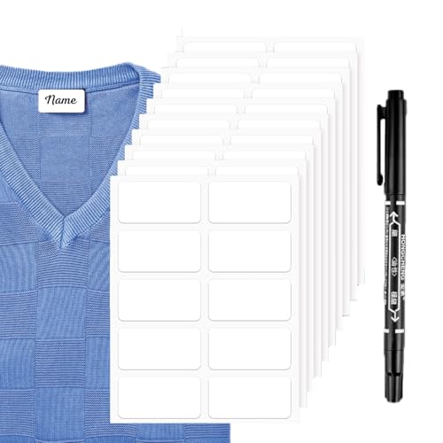 100 etiquetas sin planchado para ropa, pegatinas con nombre, pegatinas autoadhesivas para ropa con 1 marcador de tela permanente para guarderías, hogares de ancianos, campamentos, lavadoras (blanco)