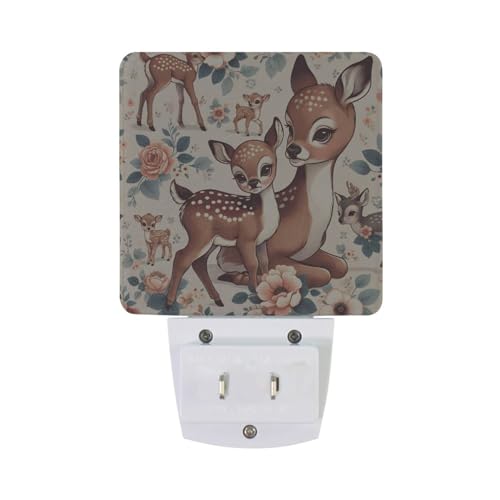 Image of Cute Vintage Fawn Deer Night Lights 2 Pack Plug-in Wall Led Nightlight Auto Dusk-to-Dawn Sensor Lamps for Bedroom Kitchen Bathroom