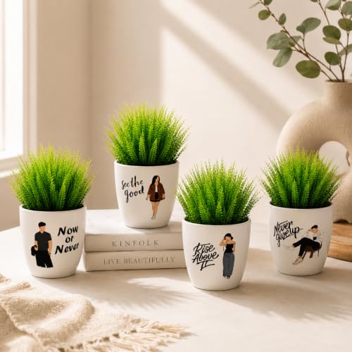Image of Artificial Plants with Motivational Printed Pots | Mini Fake Plants for Home Decor | Cute Desk Plants for Office Desk, Living Room, Study Table & Balcony Decor | Modern Decorative Planter (Pack of 2)