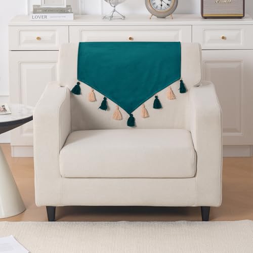 Image of HOKIPO Premium Holland Velvet Sofa Backrest Cover with Tassels - 'TasselTone Series', Teal (IN-1103-TL)