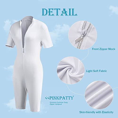 Pinkpatty Women Sexy Summer Romper One Piece Bodysuit Bodycon Short Sleeve Deep V Neck Zip Up Jumpsuit Playsuits Clubwear For Beach Going Out White X-Large #TOP4